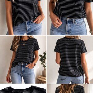 J Crew Blue & White T-shirt Sz M Cotton Knit Short Sleeve Casual Layer